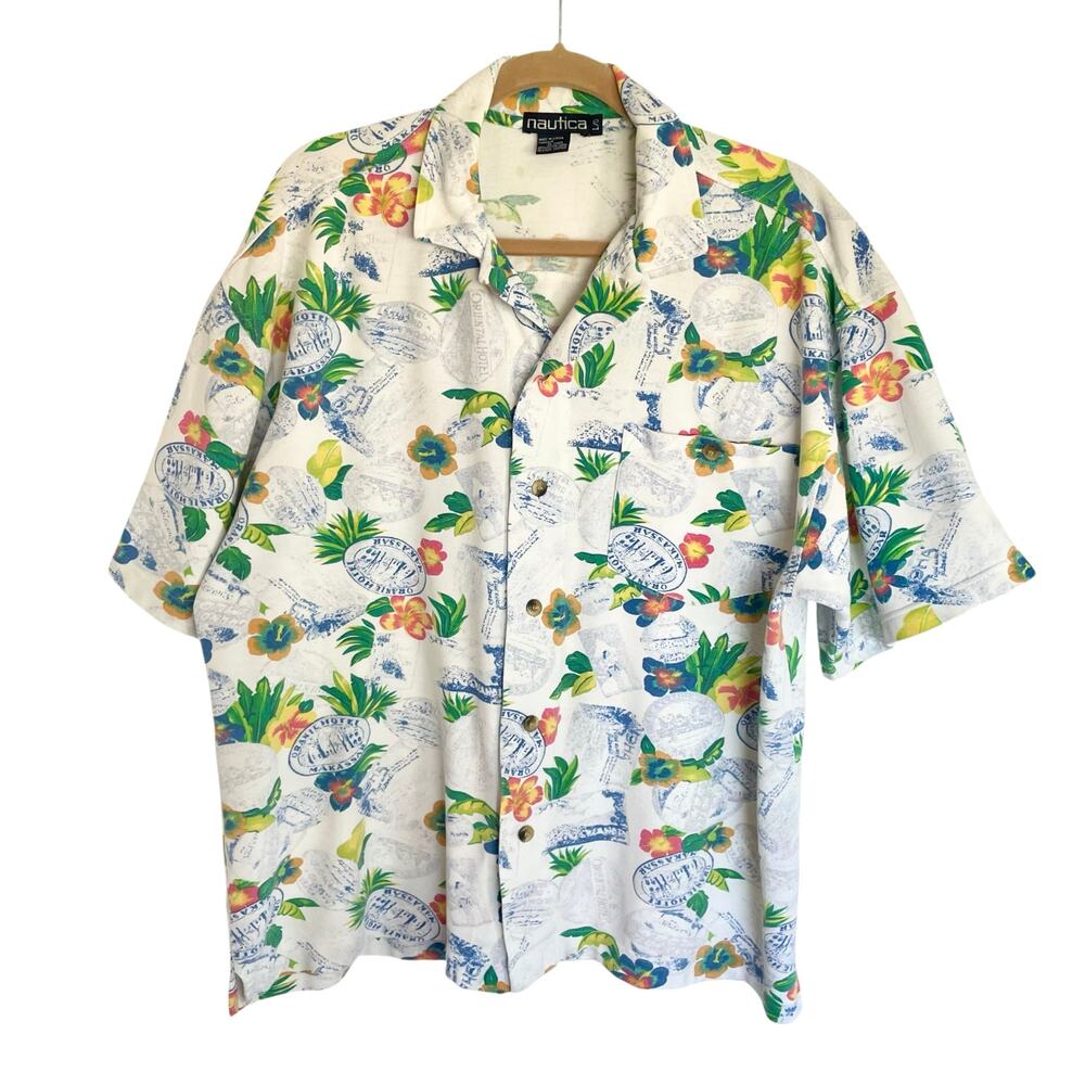 Nautica Knit Hawaiian Button Down Shirt Mens LARGE Tropical Postal Travel Print‎